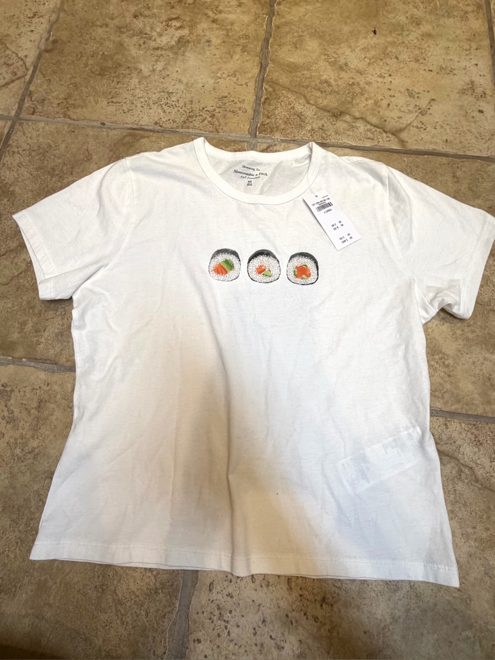 Abercrombie & Fitch Skimming Tee White Beaded Sushi Roll Graphic Womens XS NWT